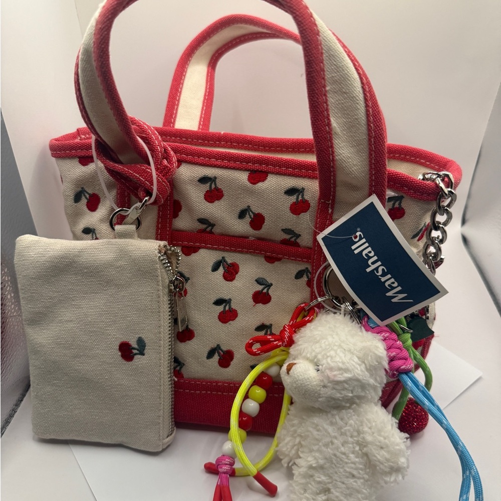 Mini Cherry Print Tote Bag with Plush Keychain - Picture 1 of 1